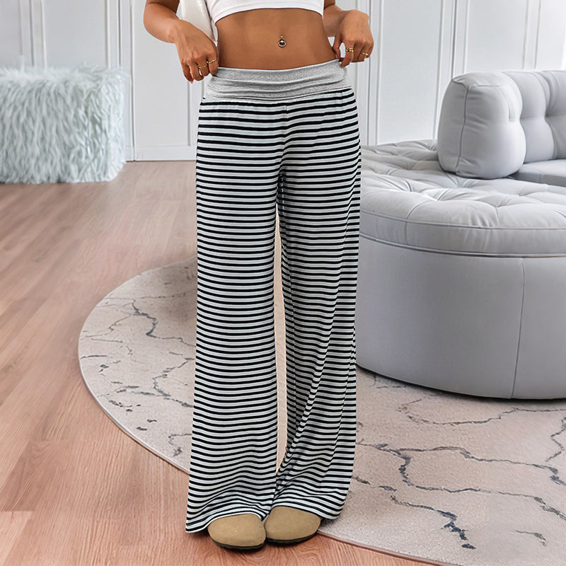 Ladies Striped Lounge Pants with Wide Leg and Elastic Waistband Chichicherry