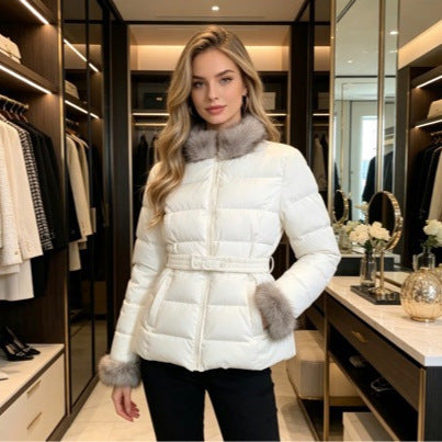 Women's short tailored winter quilted jacket with removable faux fur collar, tonal waist straps and concealed two-way zipper Chichicherry