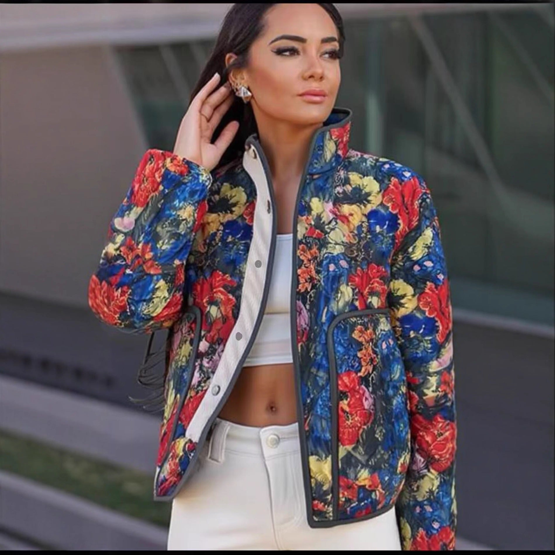 Women Quilted Transitional Jacket with Floral Allover Pattern and Stand Collar Chichicherry