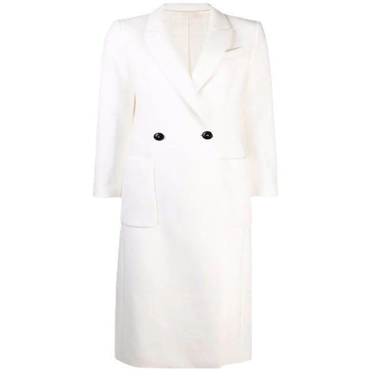 Women's Maxi Long Tailored Wool Blend Coat in Clean Tailoring with Accentuated Shoulder Chichicherry