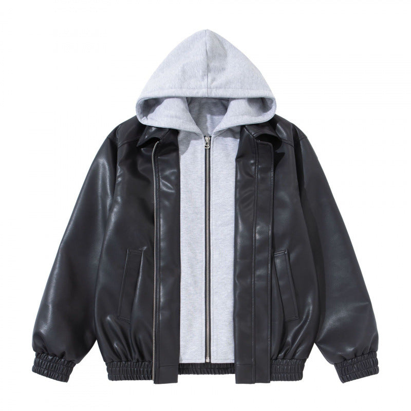 Unisex Oversize Faux Leather Bomber Jacket with Contrasting Hood, Zipper and Elastic Hem Chichicherry