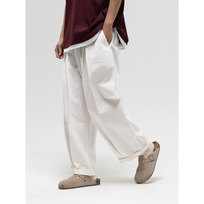 Women Wide High-Waist Pleated Pants with Elastic Drawstring and Cuffed Hem Chichicherry