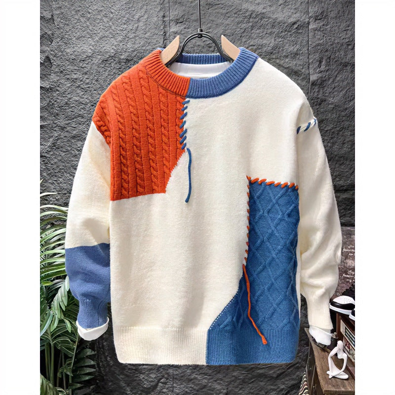 Unisex Patchwork-Oversize-Strickpullover mit Zopf- und Rautenmuster, dekorativen Kontrastnähten und Rundhalsausschnitt Chichicherry
