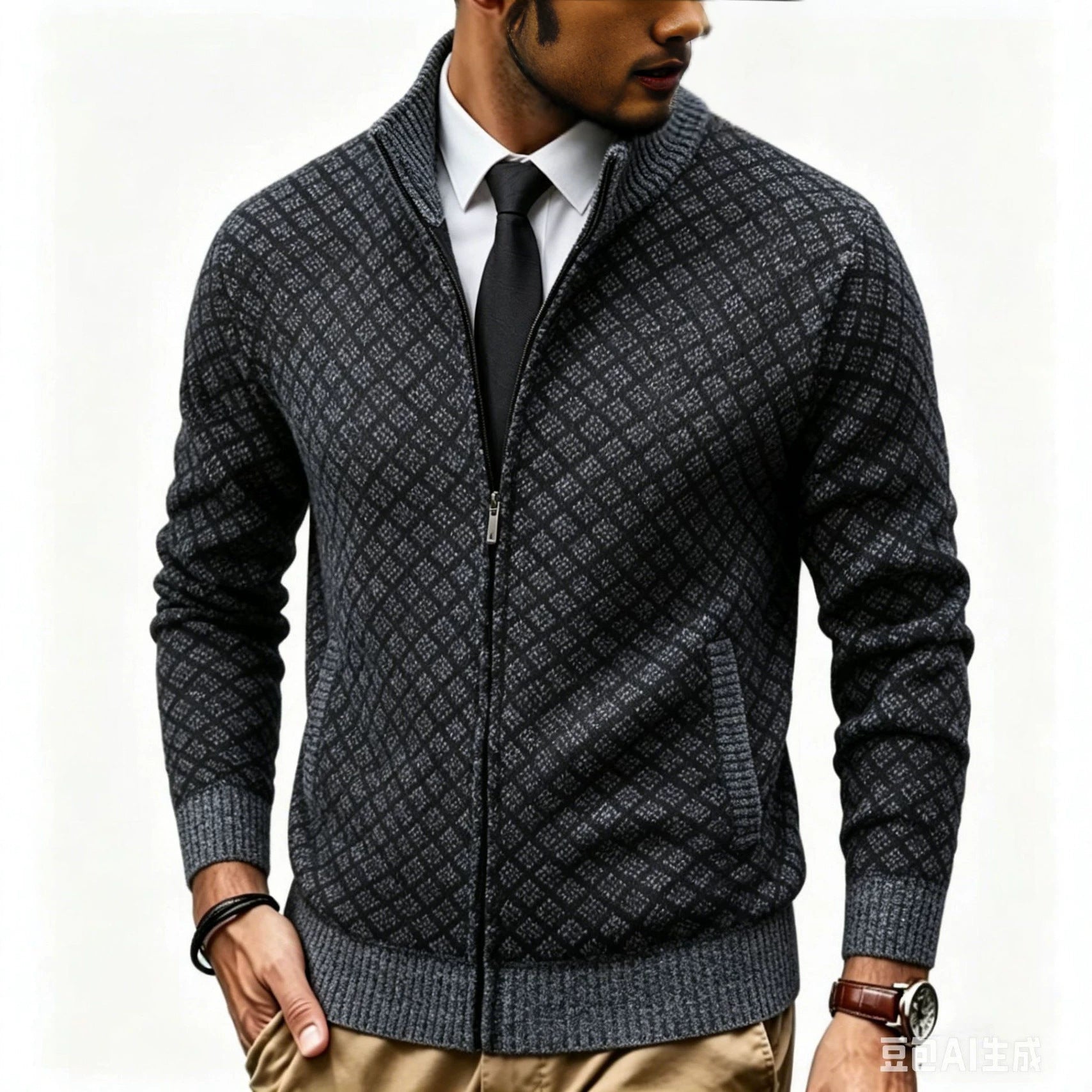 Men's Structured Cardigan with Stand-up Collar and Diamond Jacquard Chichicherry
