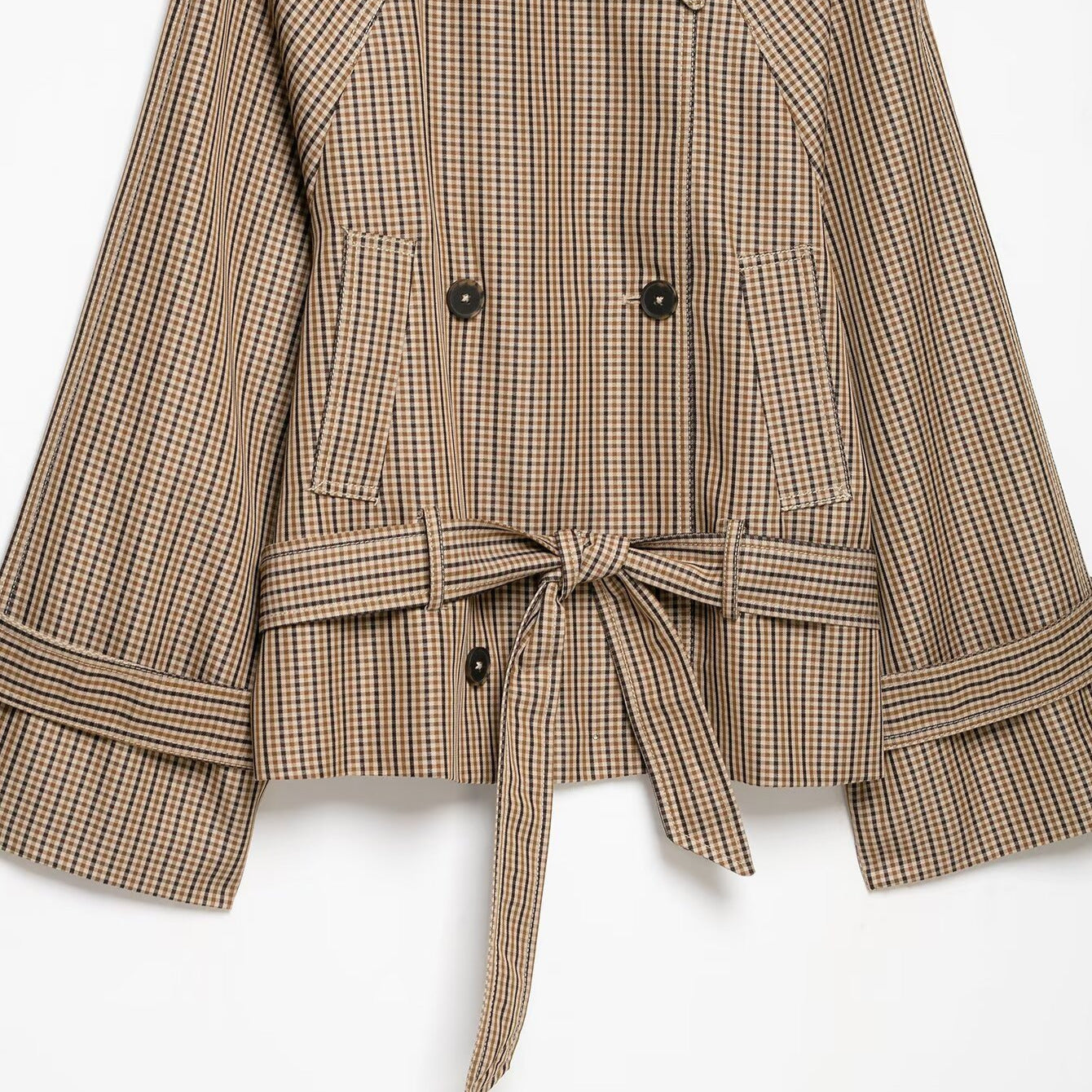 Women's short trench coat in Glencheck with boxy silhouette, tie belt and raglan sleeves Chichicherry