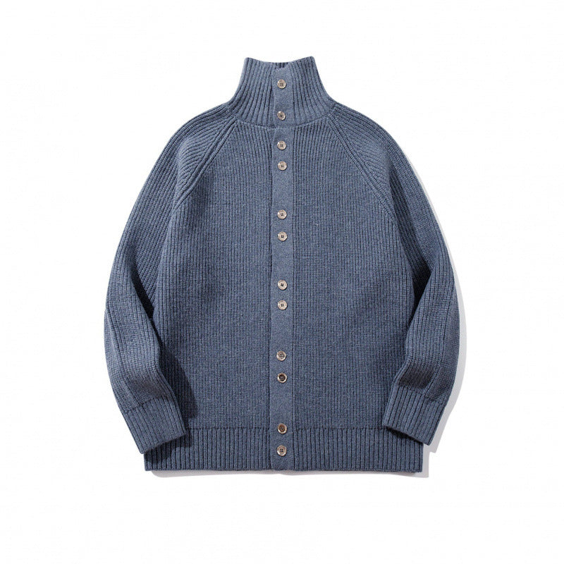 Men's chunky knit button cardigan with high roll collar and raglan sleeves Chichicherry