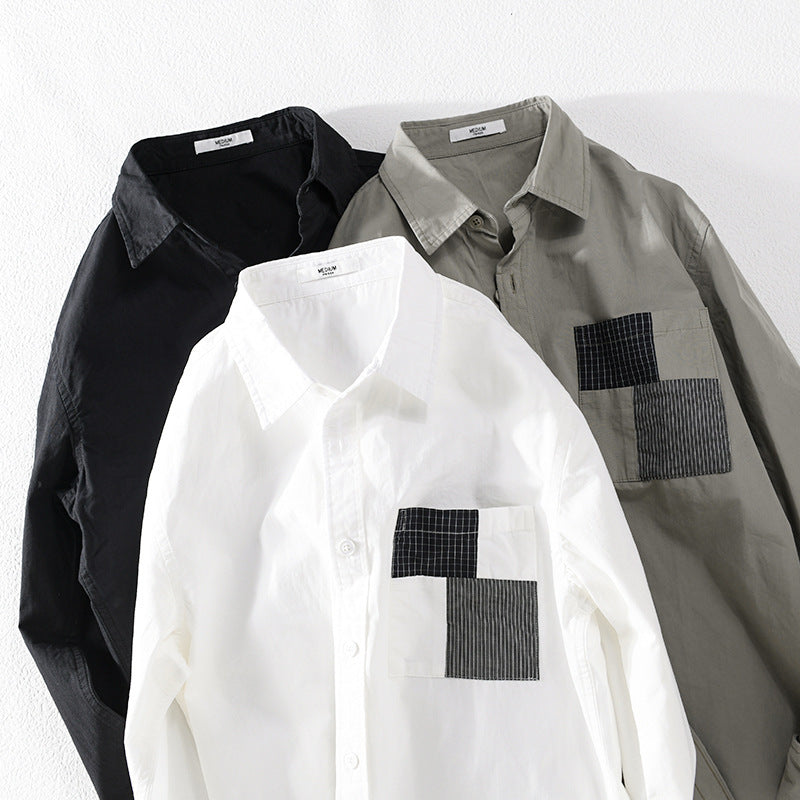 Men's Lightweight Cotton Oversized Shirt with Geometric Chest Patch Pocket Chichicherry