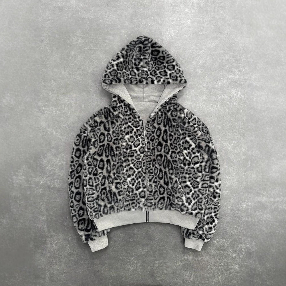 Unisex hooded sweatshirt jacket with faux fur lining, cropped cut and cross zipper Chichicherry