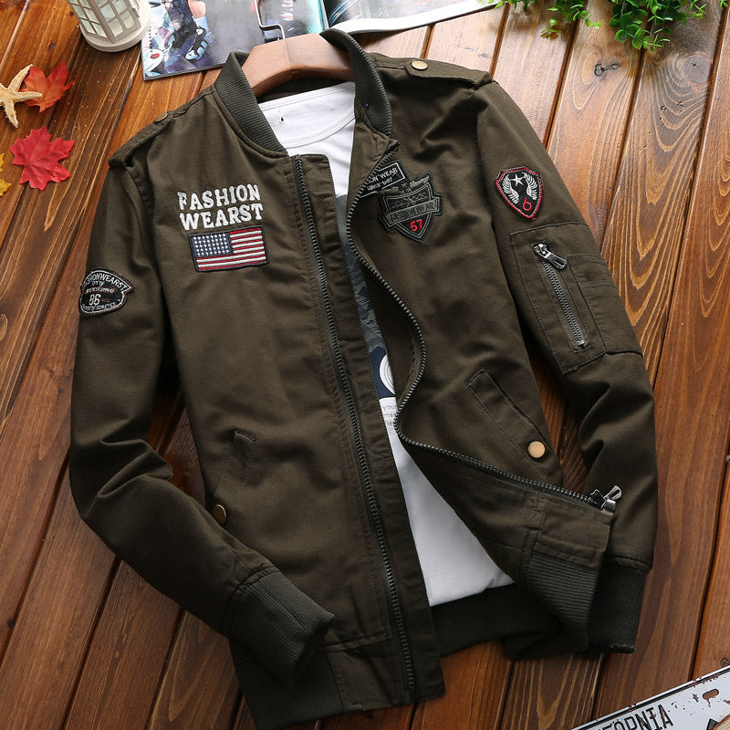 Men's Canvas Bomber Jacket in Retro Pilot Cut with Quilted Collar and Striped Ribbed Cuffs Chichicherry