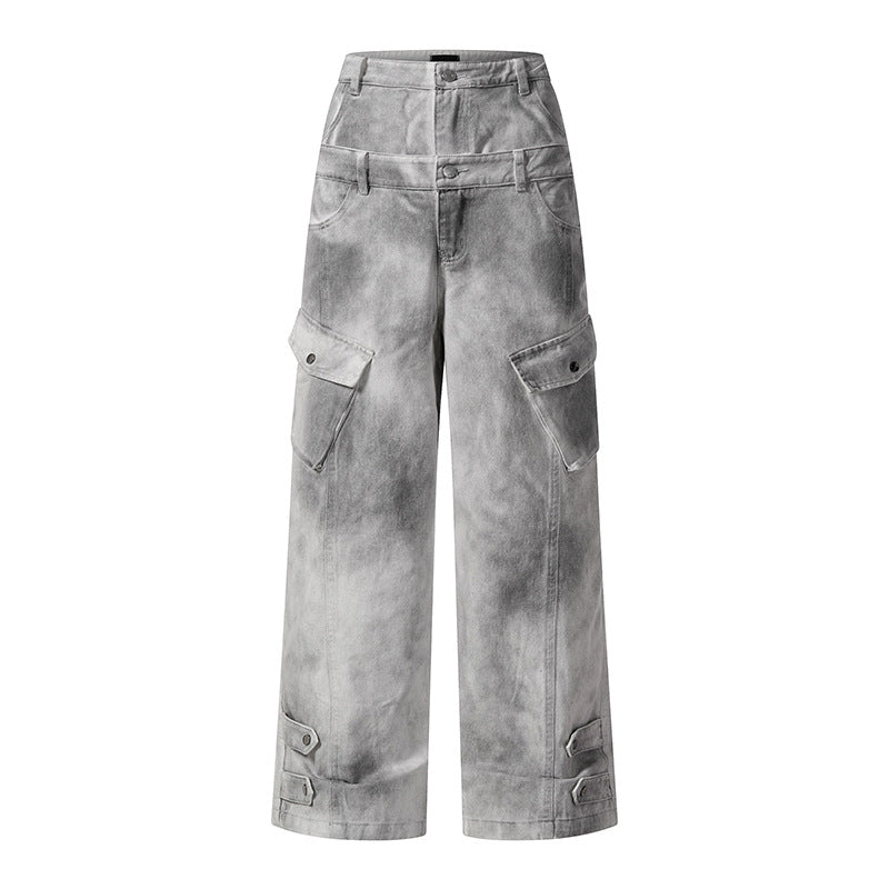 Women's High-Waisted Baggy Culotte Jeans in Workwear Style with Flap Pockets and Adjustable Hem Chichicherry