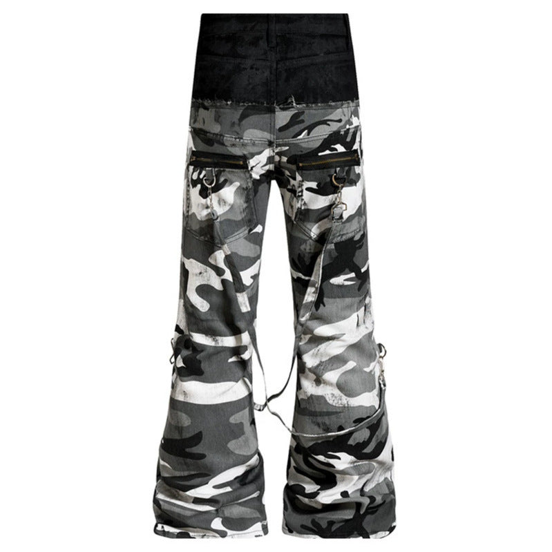 Ladies Wide High-Waist Cargo Pants in Camouflage Look with Bondage Straps Chichicherry