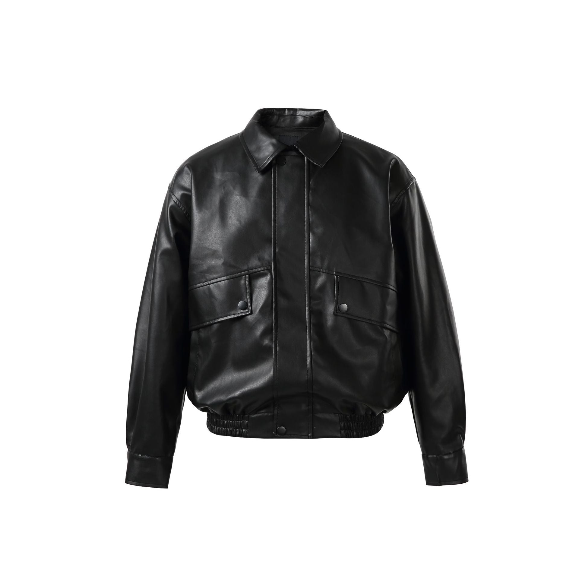 Unisex Short Cut Faux Leather Bomber Jacket with Boxy Cut Chichicherry