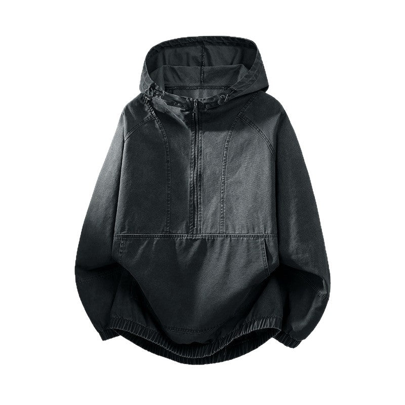 Men's Oversize Canvas Half-Zip Hoodie Anorak with Kangaroo Pocket and Elastic Hem Chichicherry