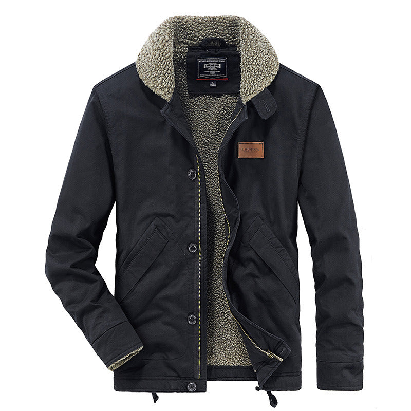 Men's canvas work jacket with sherpa lining, stand-up collar, and diagonal pockets Chichicherry