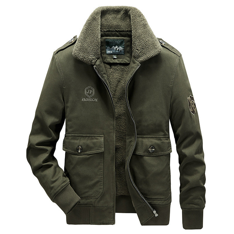 Men's short pilot-style jacket with Sherpa collar, patch pockets, and zipper Chichicherry