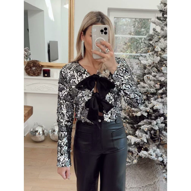 Women’s Short Cut Sequin Bolero Jacket with Triple Satin Bows and Lined Interior Chichicherry