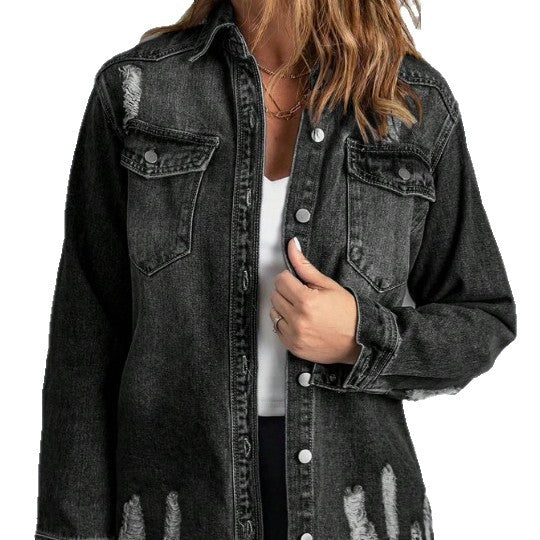 Women Oversized Denim Shirt Jacket with Distressed Details and Fringed Hem Chichicherry