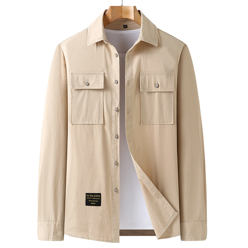 Men's Classic Long Sleeve Cotton Blend Shirt with Kent Collar and Patch Chest Pockets Chichicherry