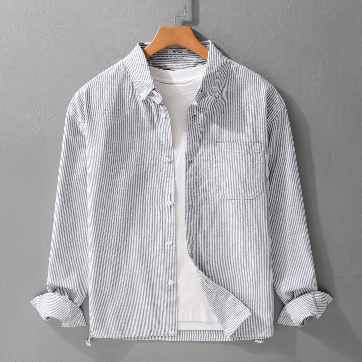 Men's fine stripe cotton overshirt in relaxed fit with kent collar and patch chest pocket Chichicherry