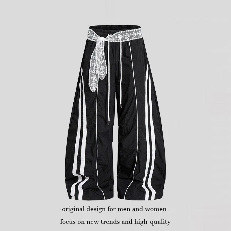 Women's Loose Palazzo Lounge Pants with Elastic Comfort Waistband, Contrast Stripes and Lace Drawstring