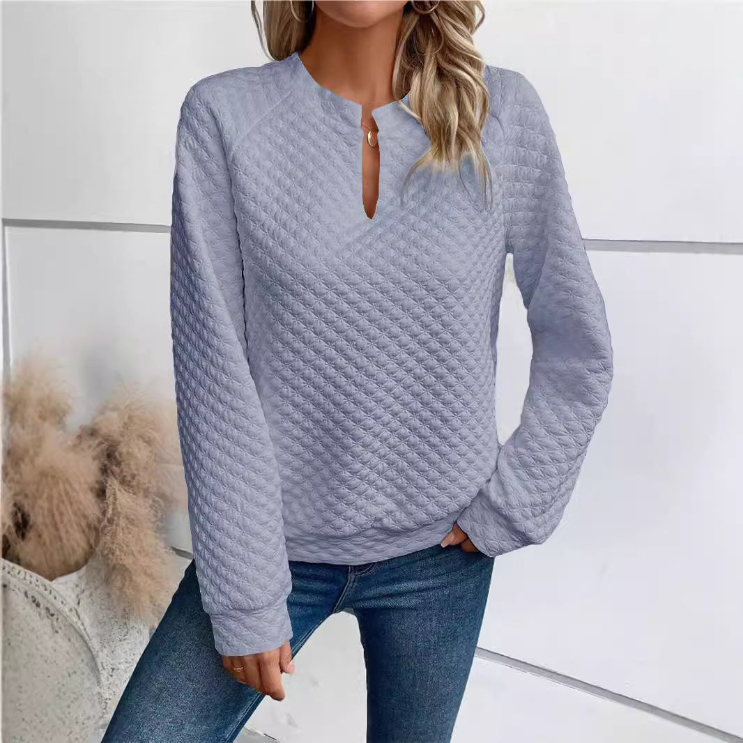 Women Quilted Cozy Sweater with Slit Collar Chichicherry