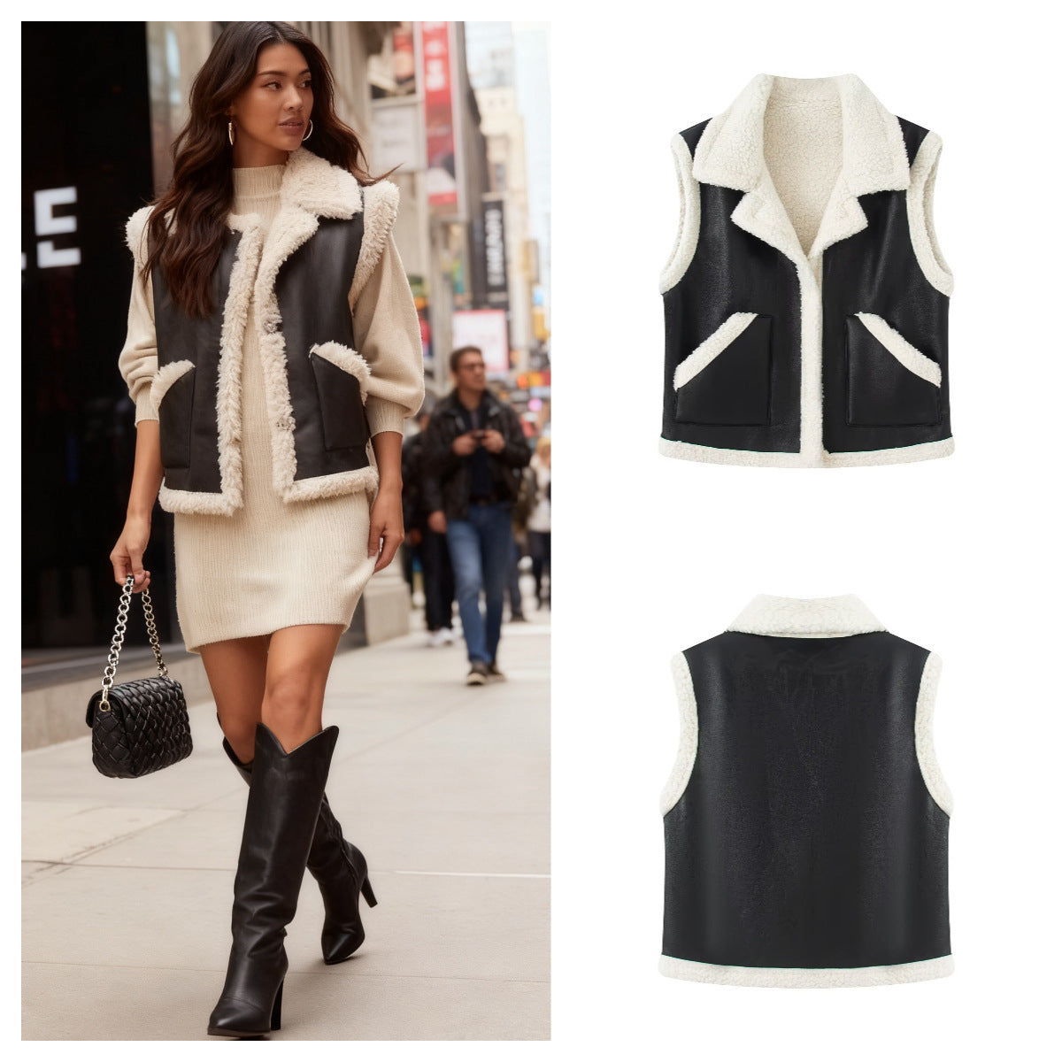 Women's Sleeveless Lambskin Imitation Vest with Lapel Collar and Patch Pockets Chichicherry