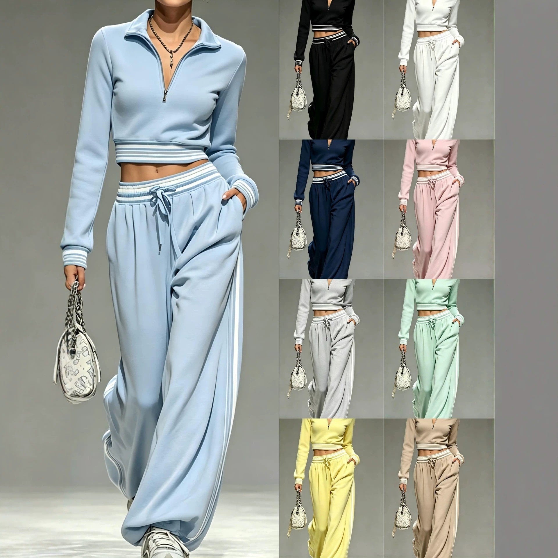 Damen Cropped-Trainingsset mit halbem Reißverschlusskragen und weitem Bundfalten-Jogger Chichicherry