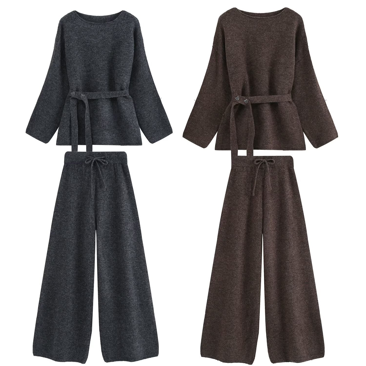 Women's Two-Piece Knit Lounge Set with Waist Belt and Wide Palazzo Pants Chichicherry