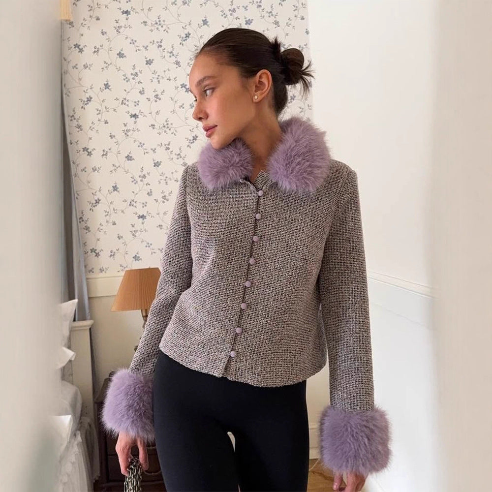 Women's Boucle Jacket with Removable Faux Fur Collar and Fur Cuffs Chichicherry