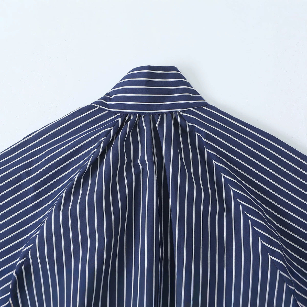 Women Striped Blouse with Stand Collar, Full Button Placket and Drawstring Waistband Chichicherry