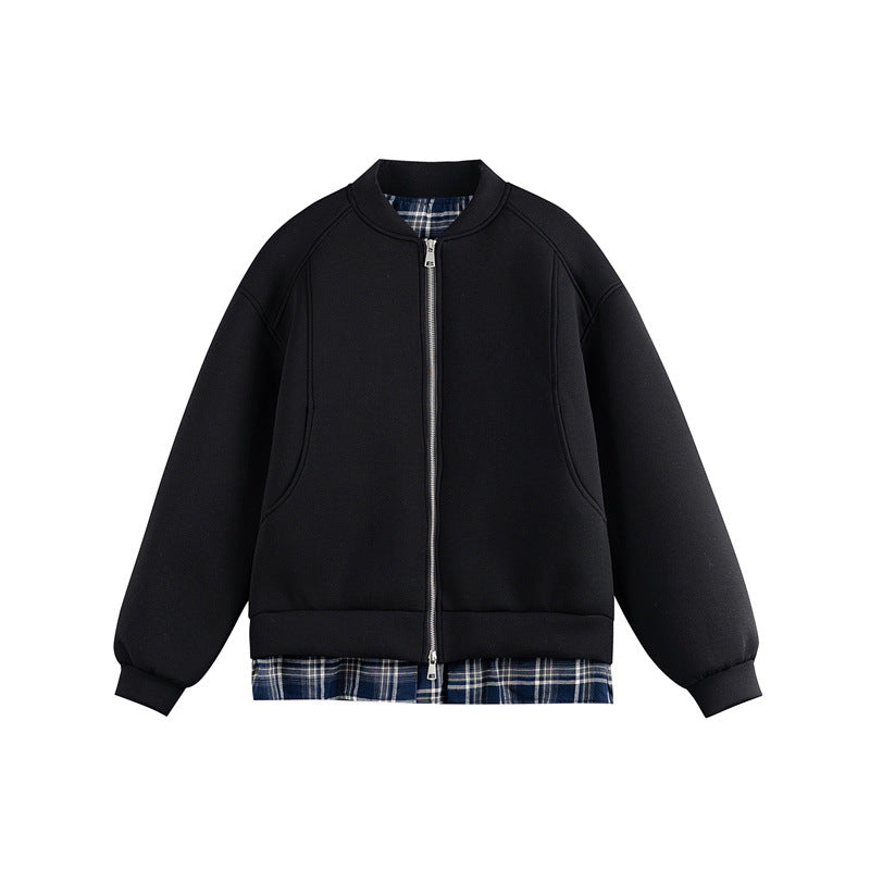 Women Two-in-One Bomber Sweat Jacket with Check Layer Insert and Stand Collar Chichicherry