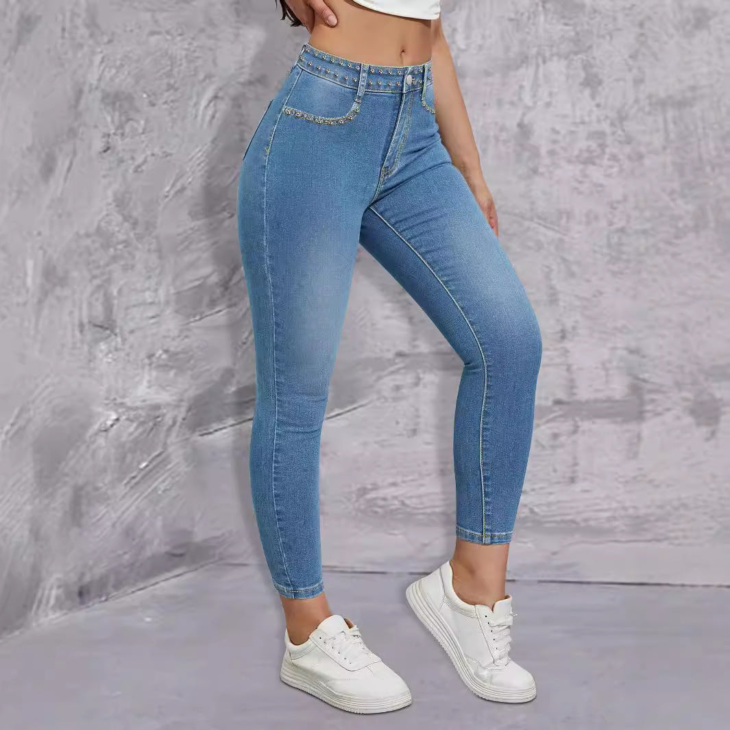 Ladies high-waisted skinny jeans with rhinestone embellishments and ankle-length cut Chichicherry