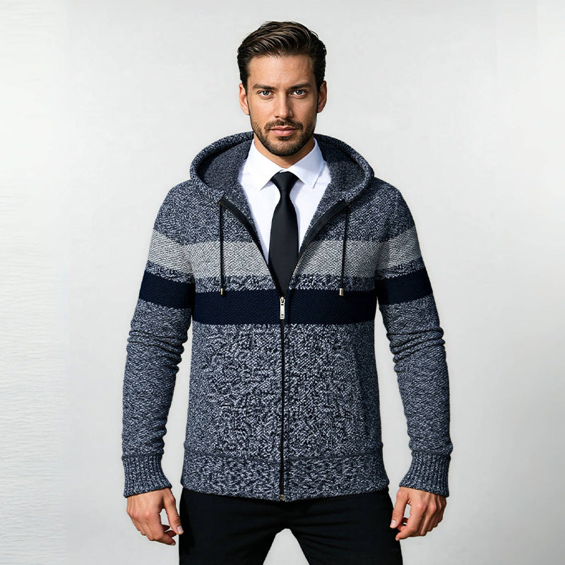 Men's Structured Hooded Cardigan with Contrast Stripes and Full Zip Chichicherry
