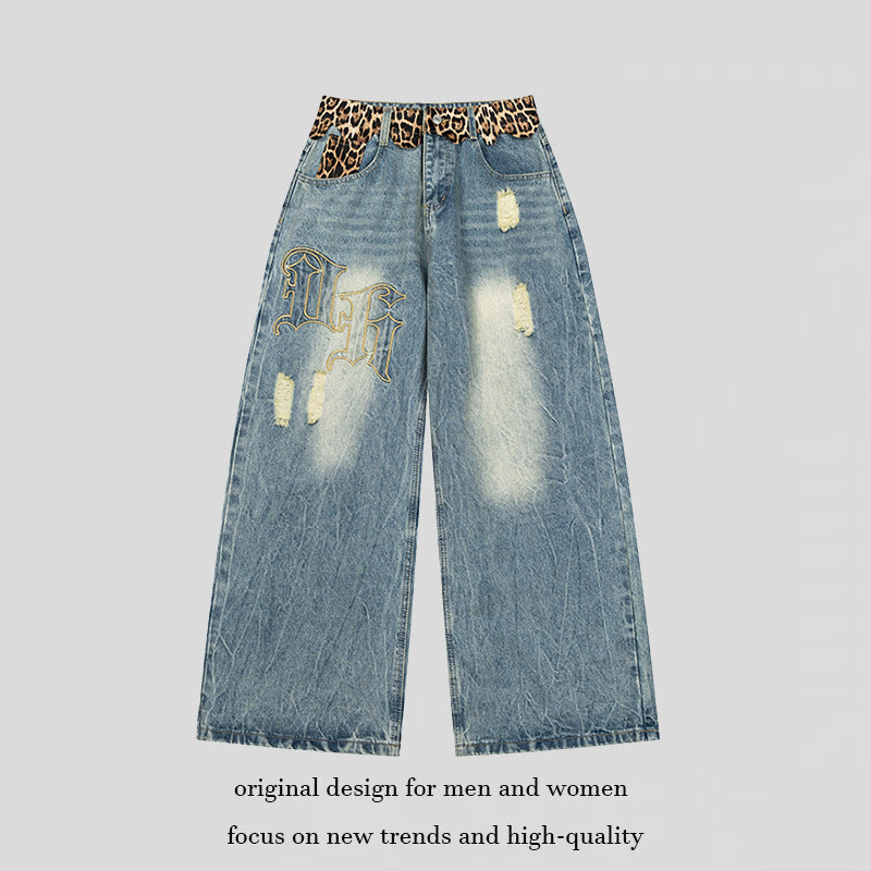 Ladies wide Palazzo jeans with destroyed details, leopard waistband and gothic embroidery Chichicherry