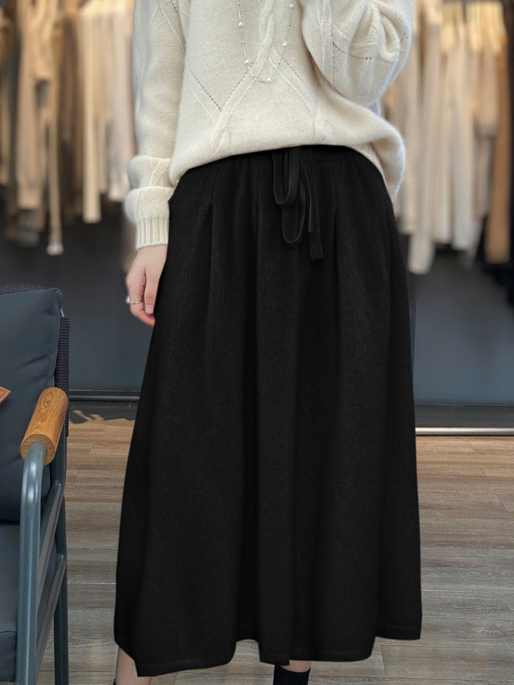 Women Midi-Length Cashmere-Effect Knit Skirt with Pleats and Drawstring Chicicherry