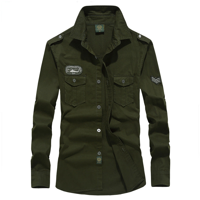 Men's Military-Utility Long Sleeve Canvas Shirt with Chest Flap Pockets and Shoulder Epaulettes Chichicherry