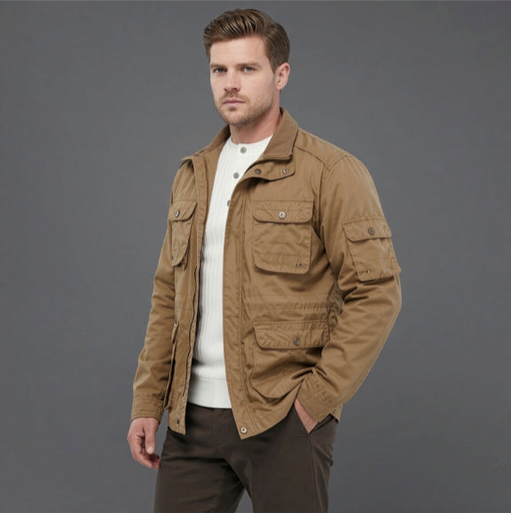 Men's Utility Field Jacket with Multiple Flap Pockets and Adjustable Waist Chichicherry