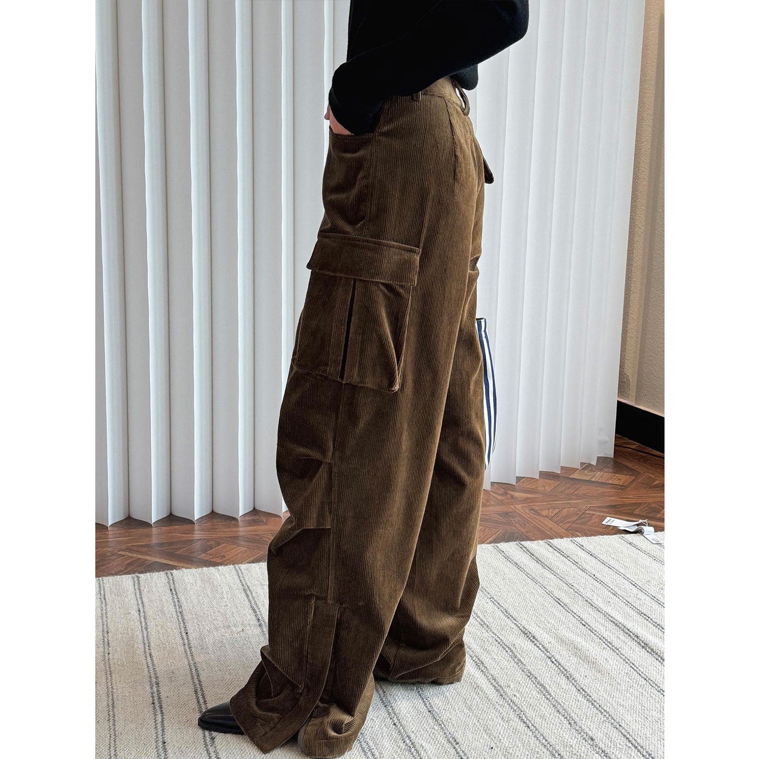 Ladies Wide Cord Cargo Pants with High Waist and Flap Pockets Chichicherry