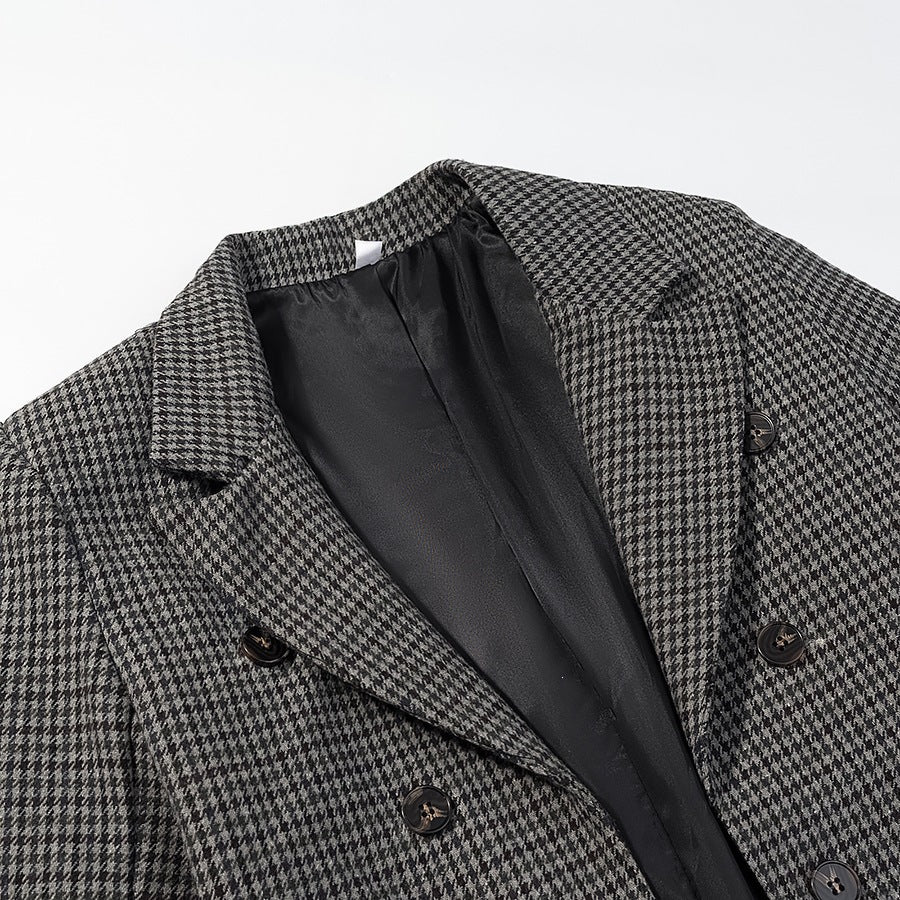 Women Houndstooth Blazer Inspired by Morning Coat with Cutaway Hem and Double-Breasted Button Placket Chichicherry