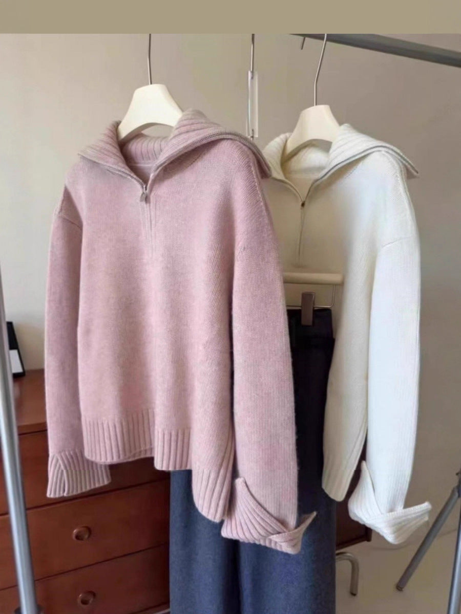 Women Oversized Fine Knit Sweater with Half Zipper and Wide Turtleneck Chichicherry