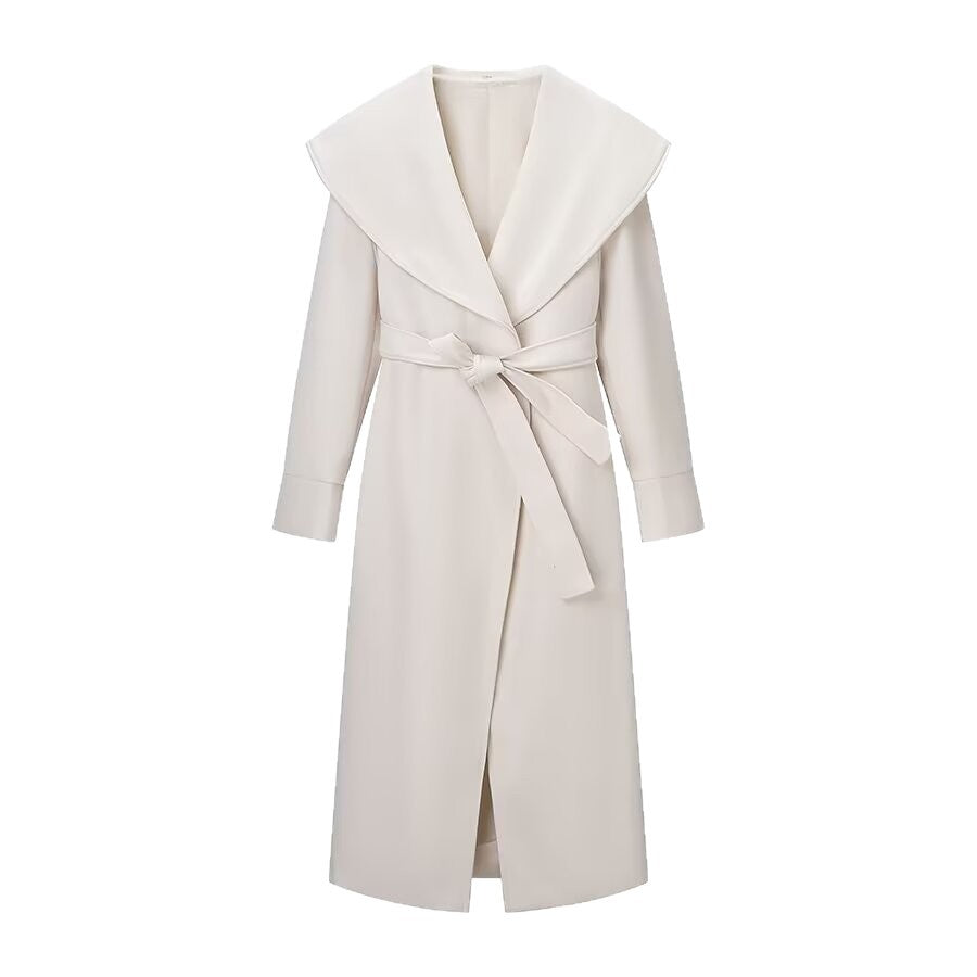 Women Elegant Coat with Oversized Shawl Collar and Tied Belt Chichicherry