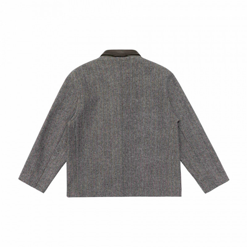 Men's wool blend worker blazer with contrasting leather collar and patch pockets Chichicherry