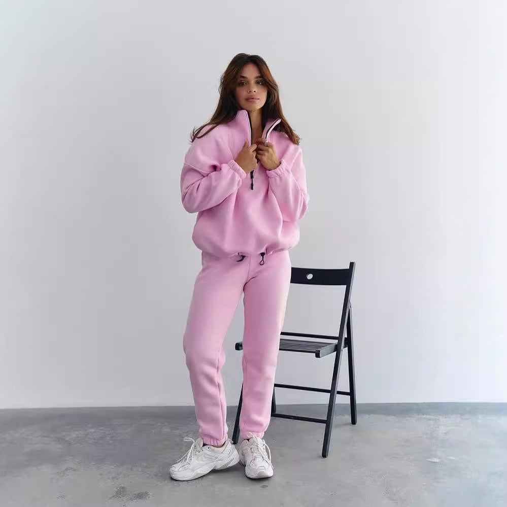 Damen Athleisure-Zweiteiler aus dickem French-Terry mit hohem Stehkragen, halbem Reißverschluss und Tunnelzughose Chichicherry
