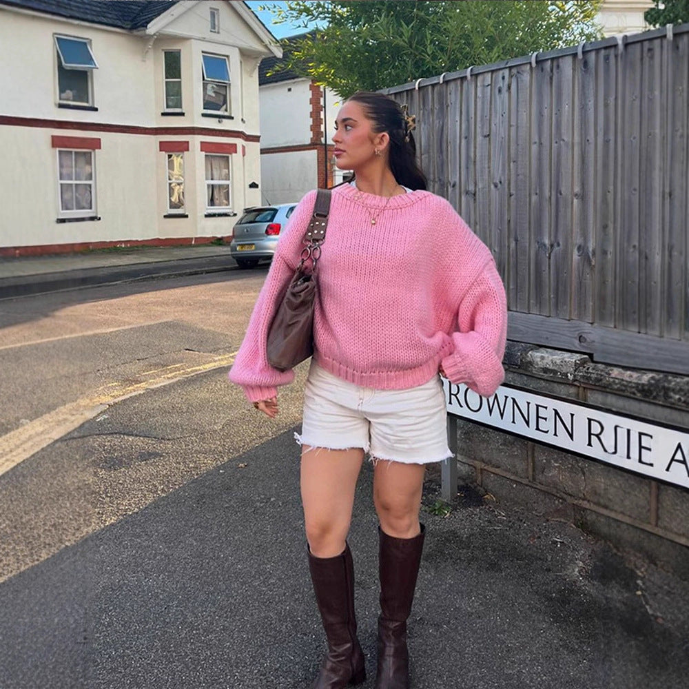 Women Oversize Chunky Knit Sweater with Balloon Sleeves and Wide Ribbed Collar Chichicherry