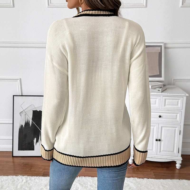 Women's Long Fine Knit Cardigan with V-Neck, Contrast Piping and Patch Pockets Chichicherry