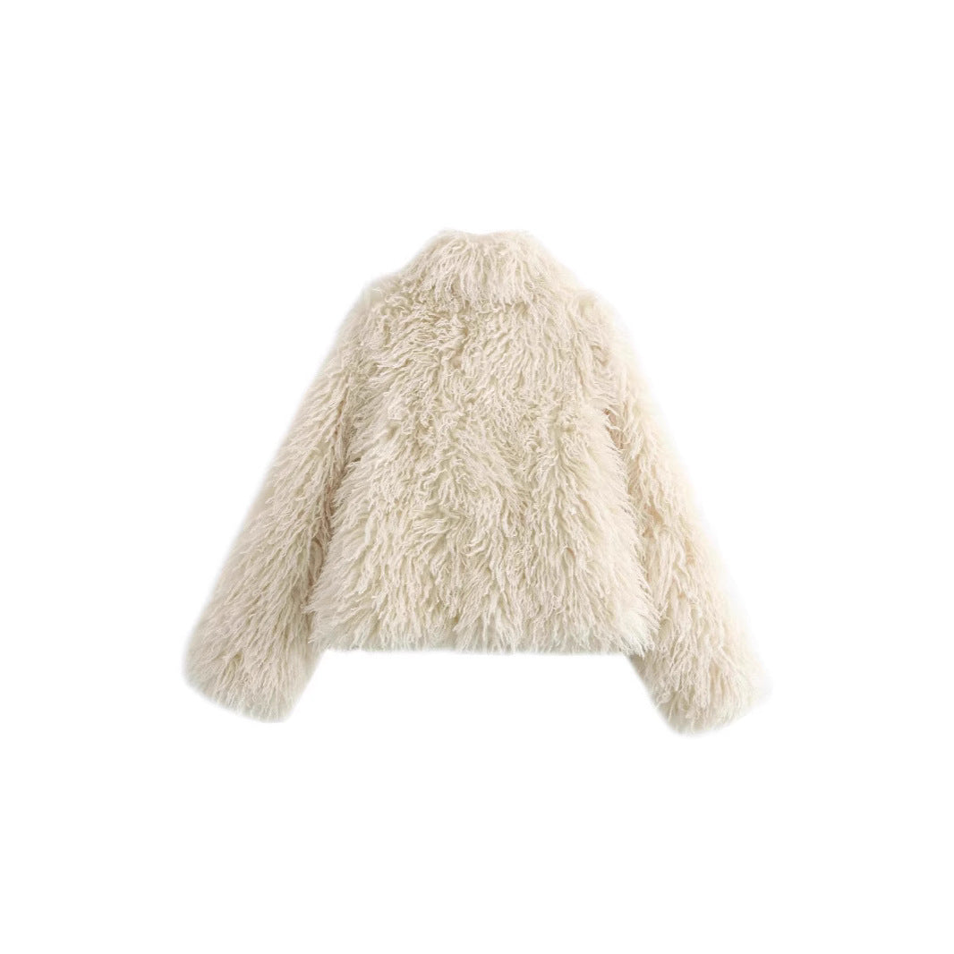 Women's Short Shaggy Faux Fur Jacket with Hood and High-Pile Texture Chichicherry