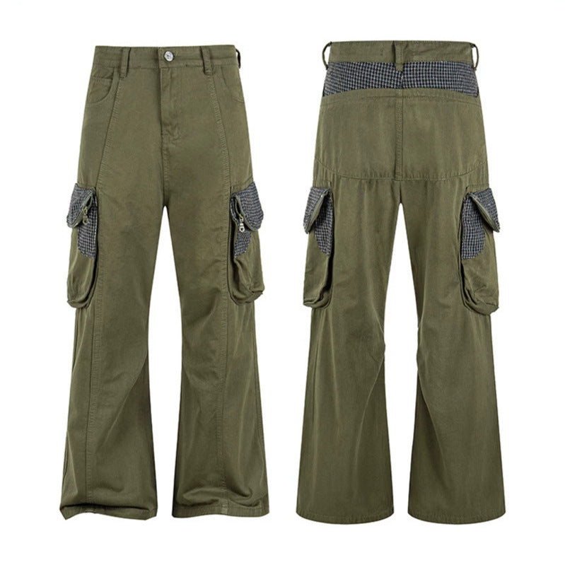 Women Cargo Pants with Wide Leg, Utility Pockets and Plaid Pattern Details Chichicherry