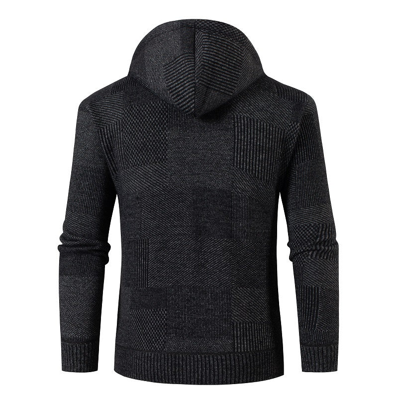 Men's structured knit zip hoodie with lined hood and graphic patch pattern Chichicherry