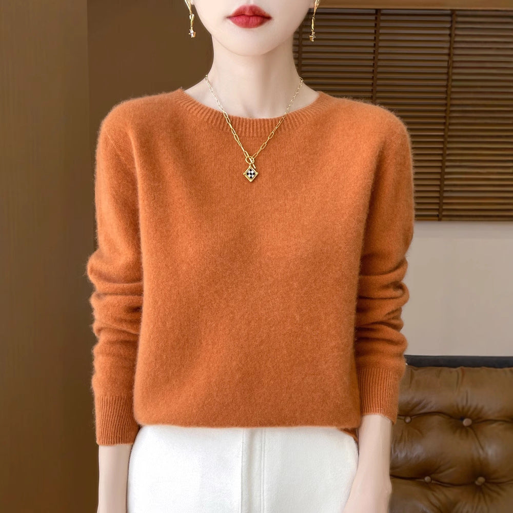 Women's Soft Mohair-Effect Round Neck Sweater with Fine Ribbed Hem and Light Oversize Fit Chichicherry