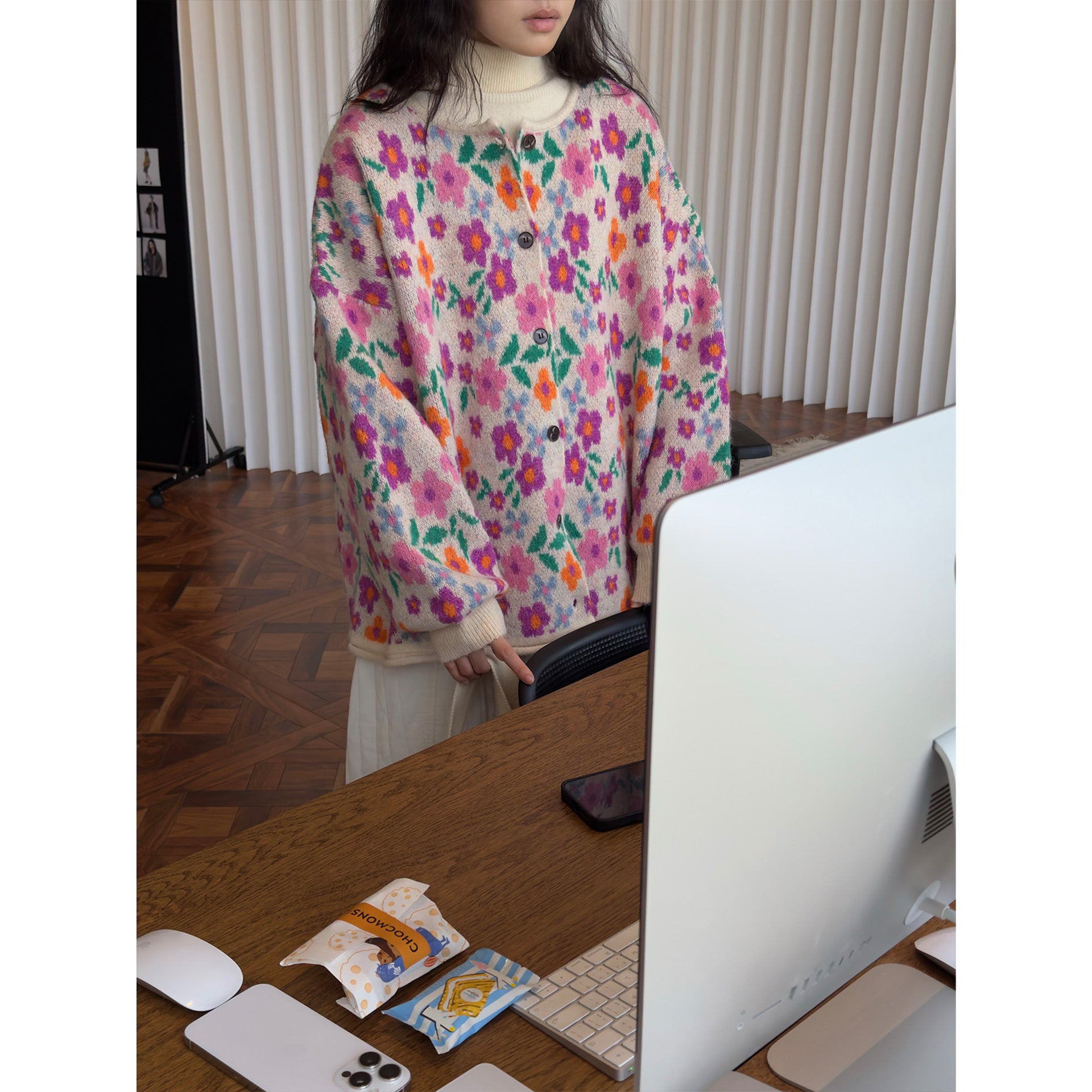 Women's Chunky Knit Button Cardigan in Floral Jacquard with Fluffy Mohair Look Chichicherry